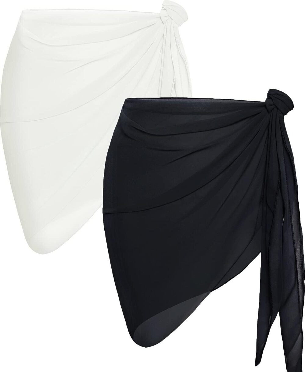 2 Pieces Women Beach Sarong Bikini Swimsuit Cover Ups, A White and Black